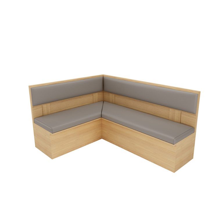 L-shaped wooden booth seating with grey leather cushions, ideal for optimizing space in restaurants or cafés