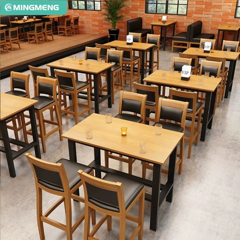 Upholstered Bar Restaurant Wood Dining Furniture with Black Cushioned Chairs