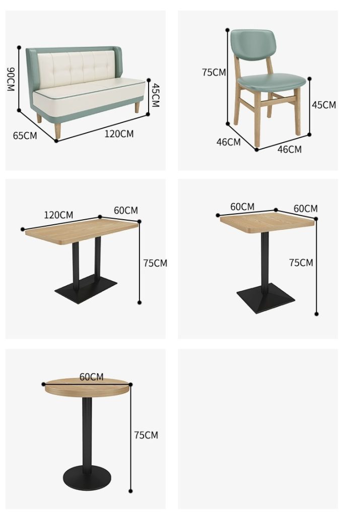 Dimensions of cafe furniture including booth seating (120x65x90cm), wooden chairs (46x46x75cm), rectangular table (120x60x75cm), square table (60x60x75cm), and round table (60cm diameter, 75cm height)