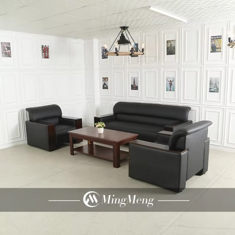 Black Leather Sofa with Wooden Coffee Table