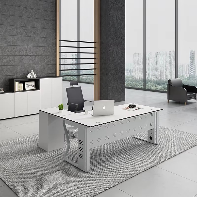 White L-shaped CEO desk with ergonomic desk and chair