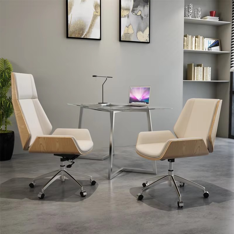 Beige genuine leather office chair set