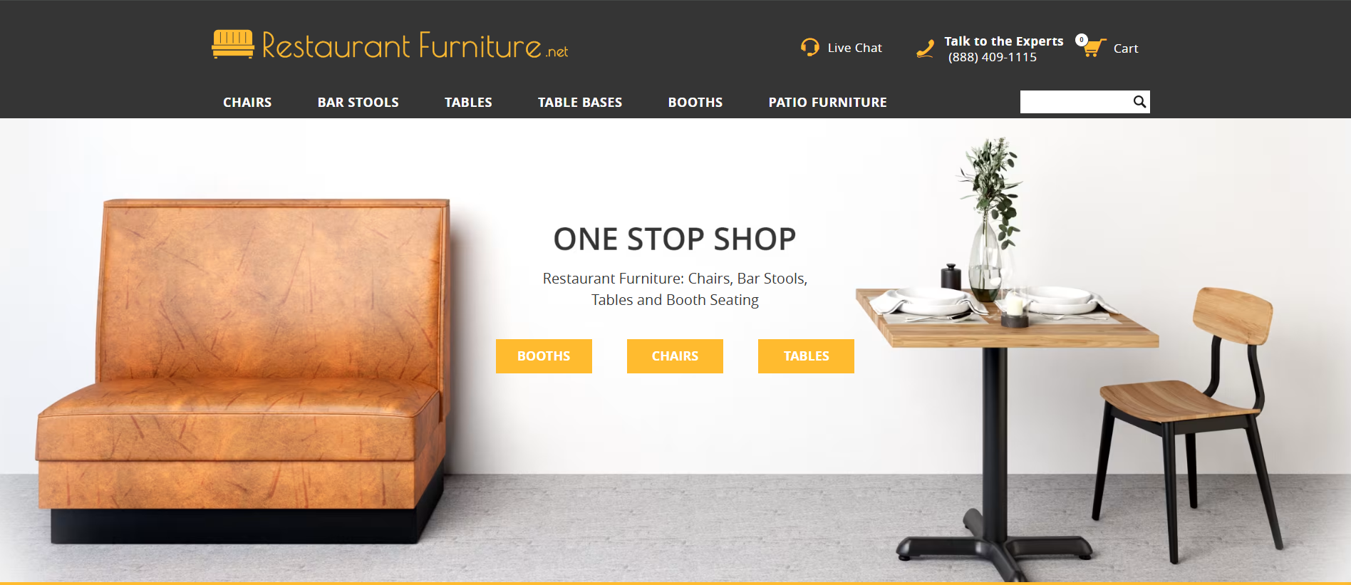 Restaurant Furniture webpage featuring a leather booth and a wooden table with chairs, promoting restaurant furniture like booths, chairs, tables, and bar stools.