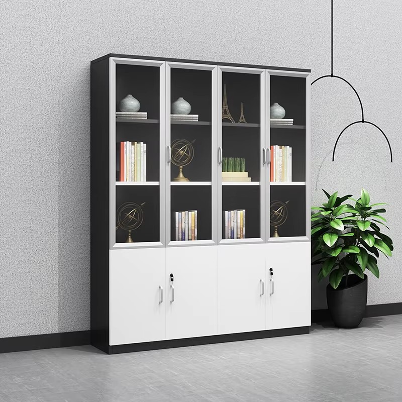 Modern glass display cabinet with black and white design for office storage