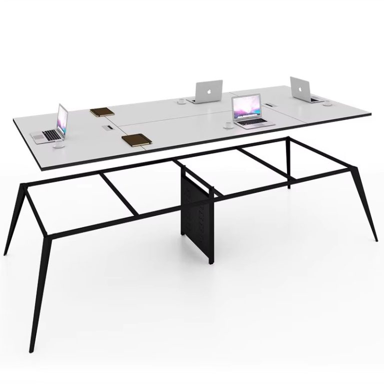 Modern office workstation table with sturdy black metal frame and white tabletop