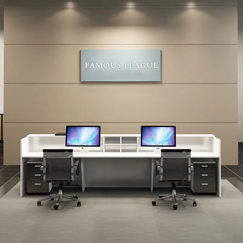 modern office dual workstation front desk with chairs and storage cabinets