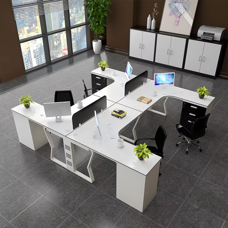 Spacious office environment equipped with L - shaped workstations