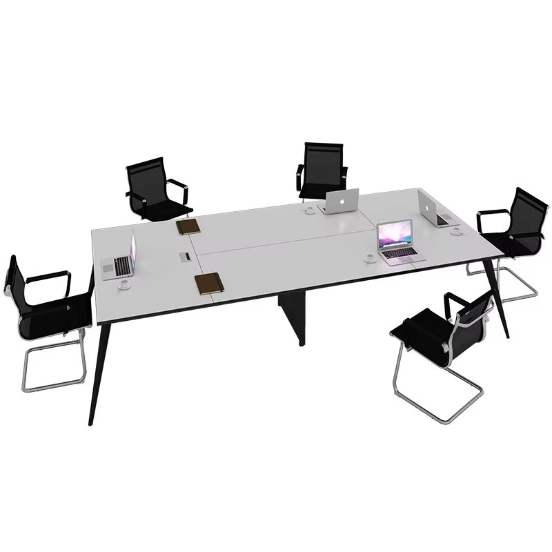 rectangular office conference table with sleek black chairs