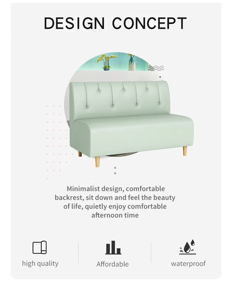 A light green minimalist sofa with a comfortable backrest featuring button tufting.