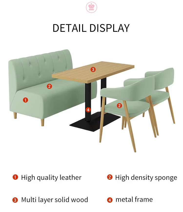 Detailed display of restaurant furniture design, featuring high-quality leather sofa seating, high-density sponge filling, multi-layer solid wood tabletop, and metal frame base, with a green and wooden design combination