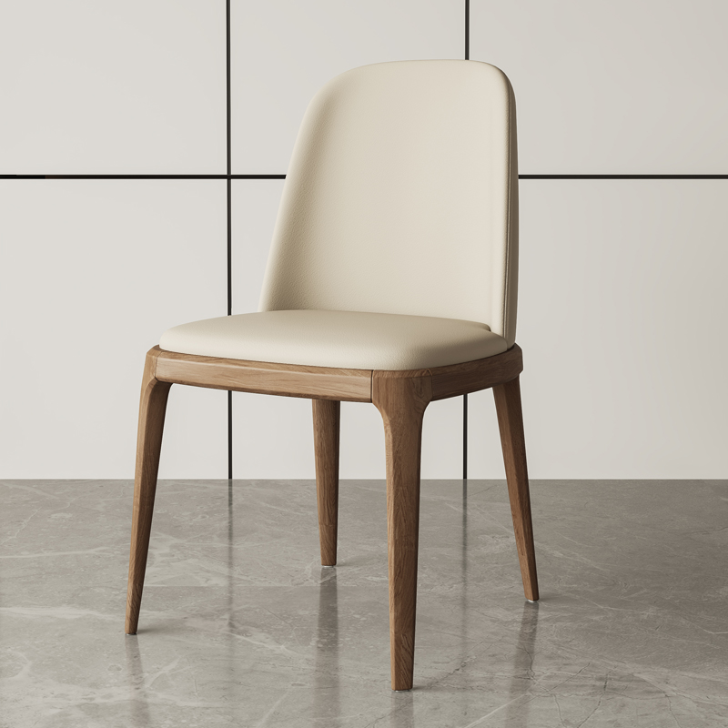 Beige upholstered dining chair with a walnut wood frame, perfect for modern interiors.