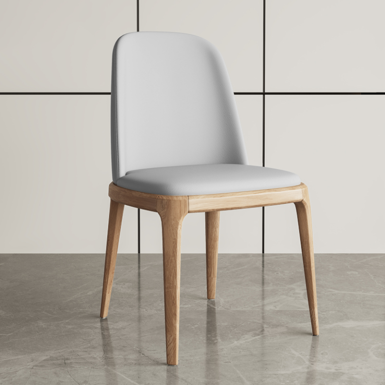 Elegant modern dining chair with white leather upholstery and a natural wood frame, perfect for upscale dining spaces.