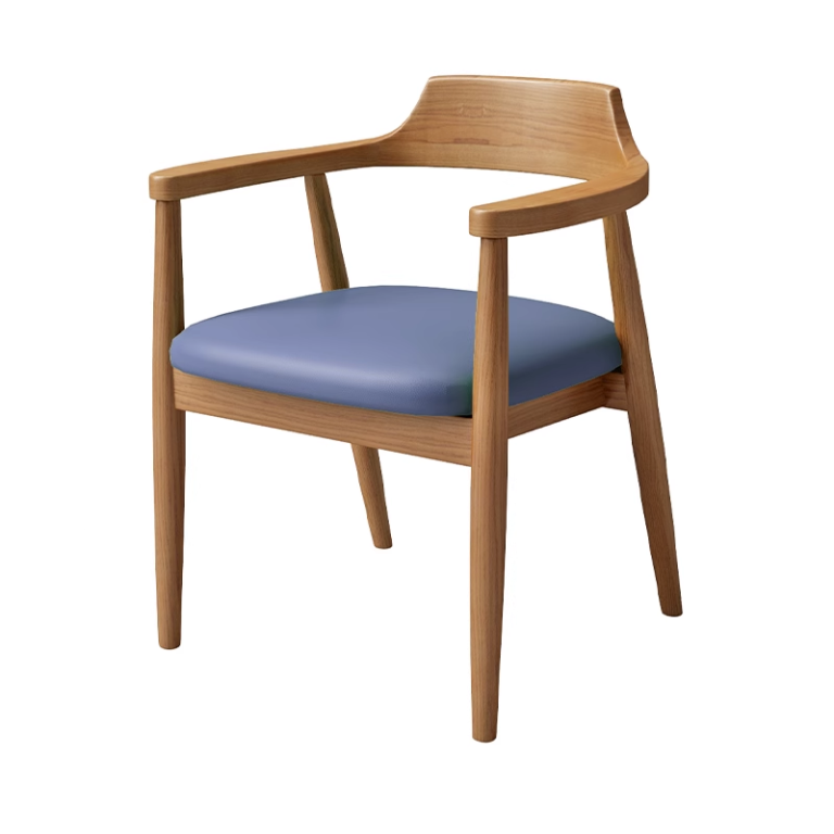 Modern wooden restaurant chair with a blue padded seat and ergonomic armrests, ideal for elegant dining settings.