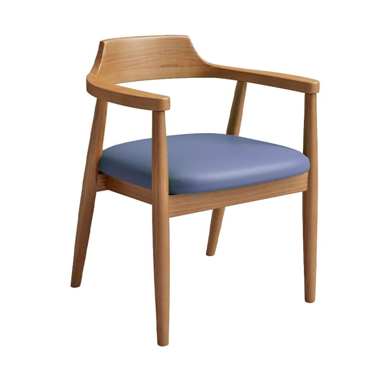 Modern wooden restaurant chair with a blue padded seat and ergonomic armrests, ideal for elegant dining settings.