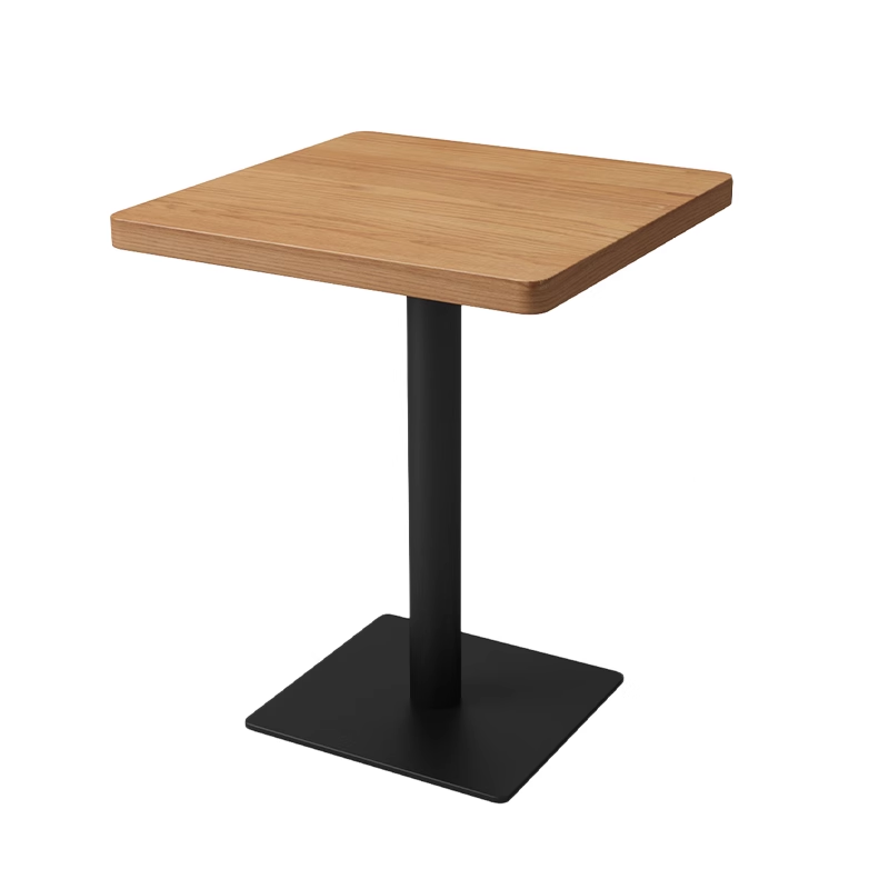 Square wooden restaurant table with a black metal base, measuring 60x60cm, perfect for compact dining spaces.