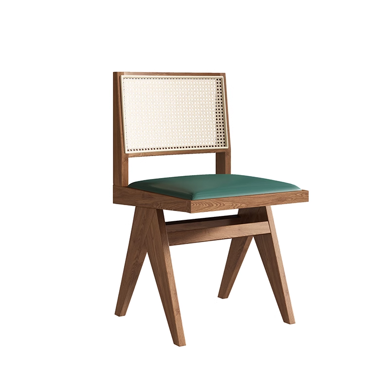 Wooden rattan chair with a green padded seat and natural rattan backrest, offering both comfort and style for dining spaces.