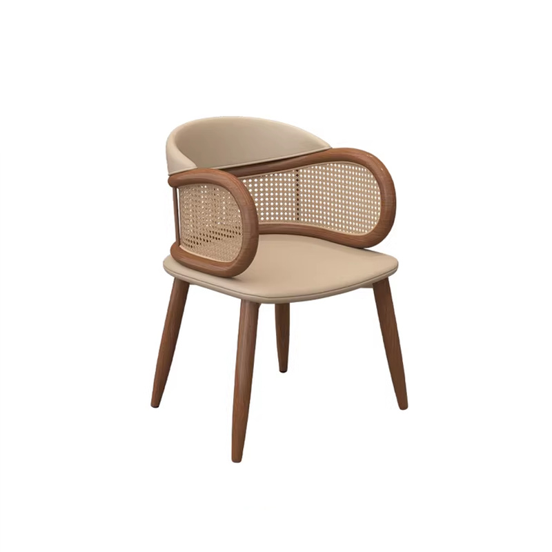 Beige dining chair with cane backrest and wooden legs, modern design for dining rooms and cafes.