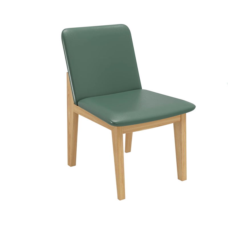 Beige leather dining chair with padded seat, cane backrest, and wooden legs in a minimalist design.