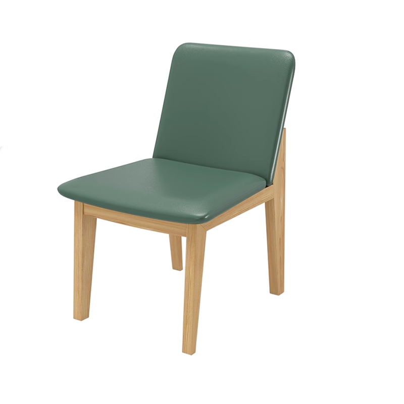 Beige leather dining chair with padded seat, cane backrest, and wooden legs in a minimalist design.