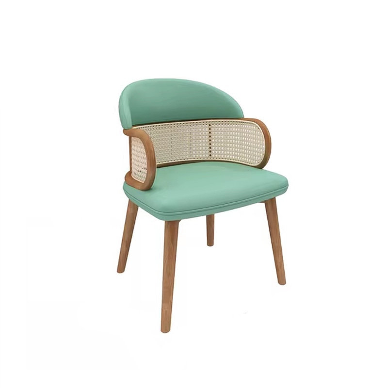 Mint green backrest dining chair with wooden legs, cane side design and leather seating, perfect for dining room, restaurant, and cafe.