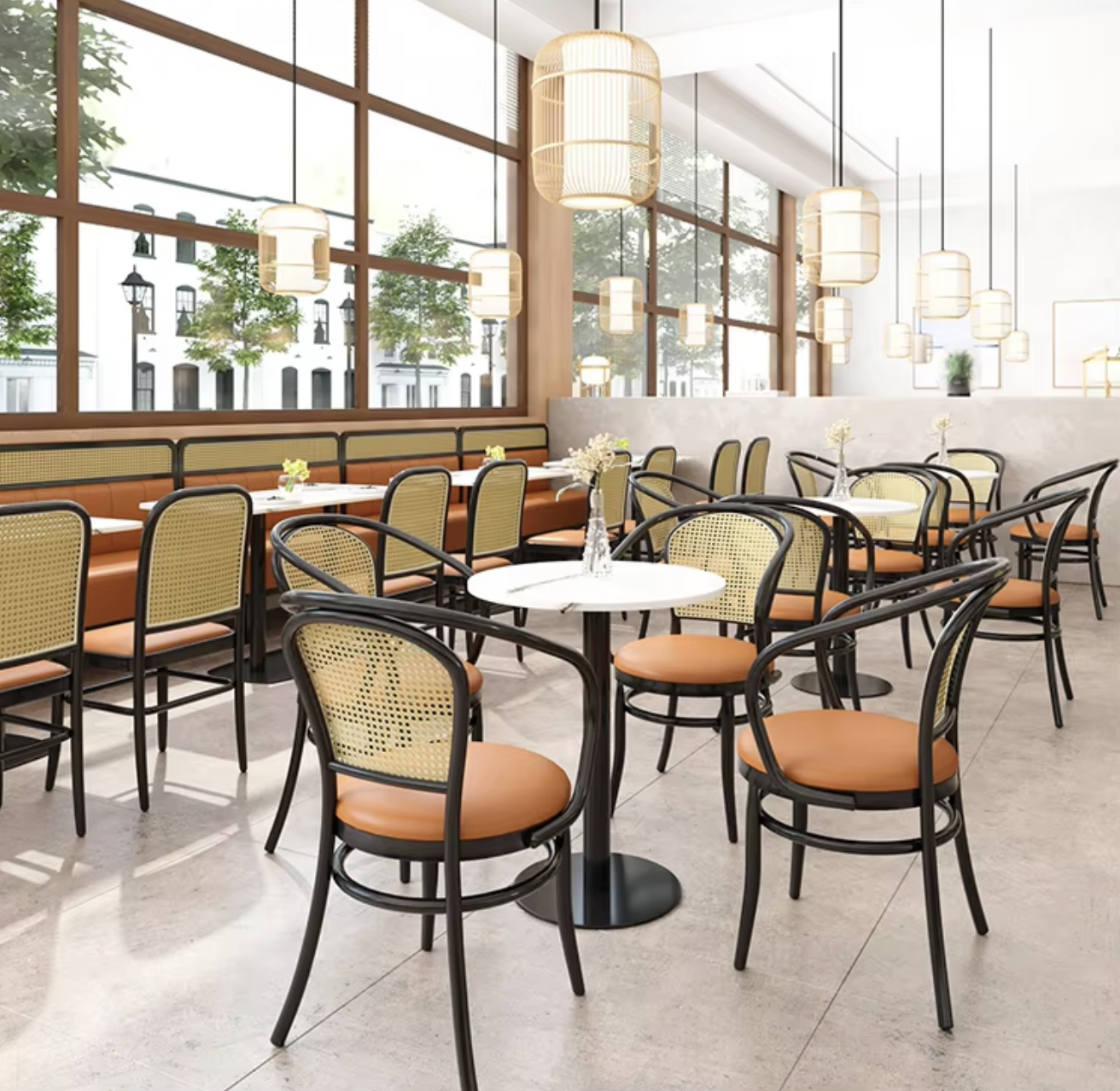 Modern cafe and restaurant layout with stylish dining spaces, comfortable seating, ambient lighting, and open kitchen view