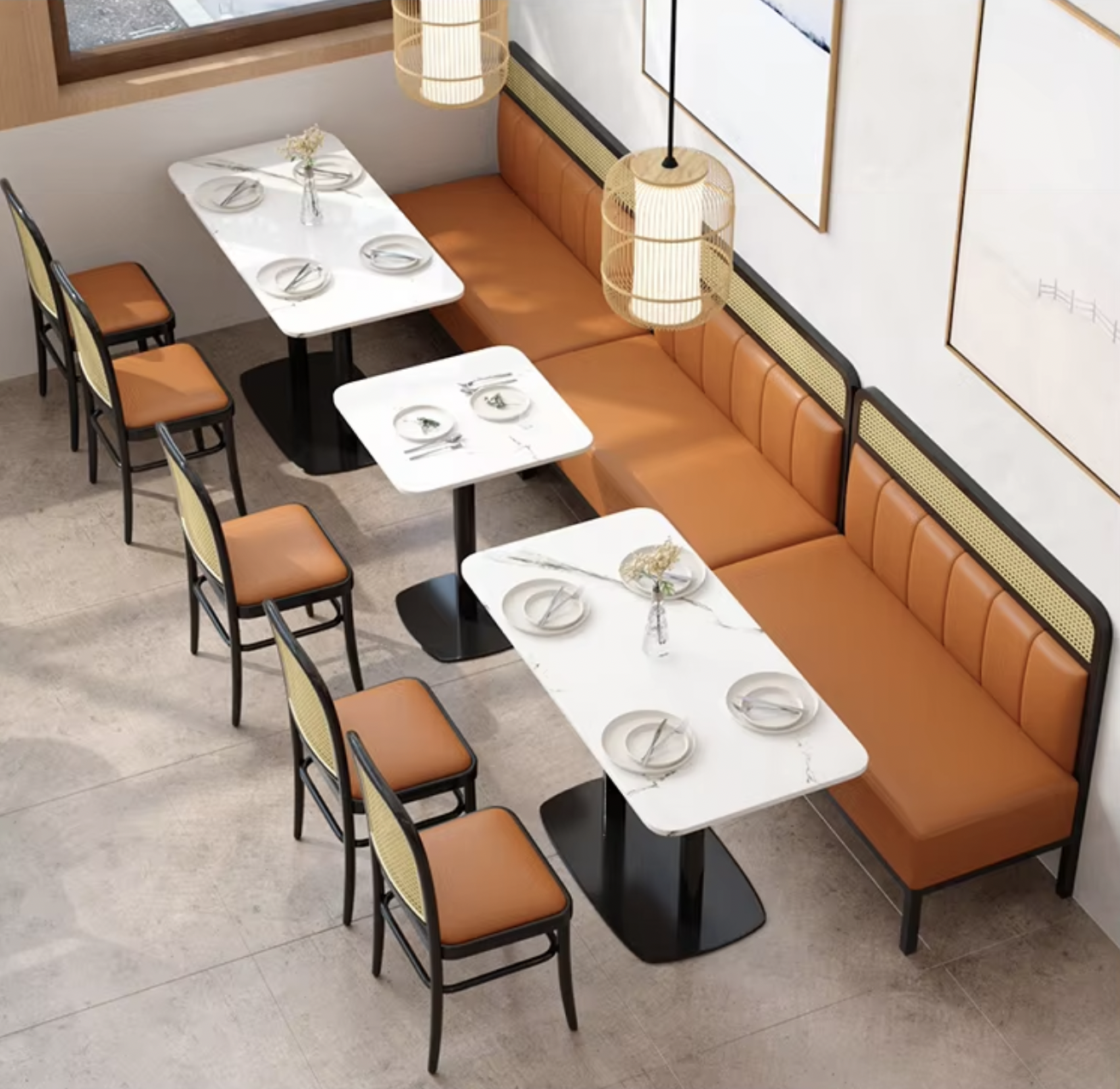 Modern cafe furniture design with stylish rattan chairs, sleek metal frames, and comfortable leather cushions