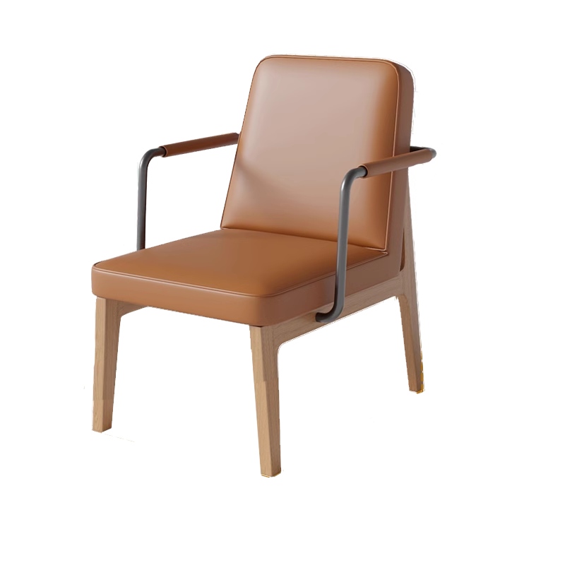 Brown leather chair with wooden legs and armrests, modern and simple design.