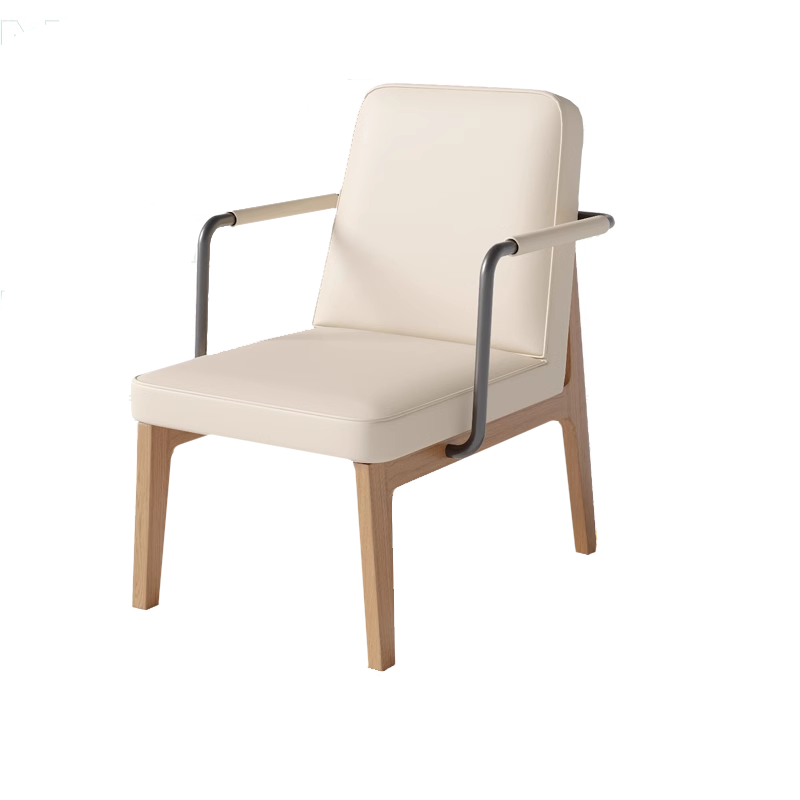 White leather chair with wooden legs and armrests, minimalist style.