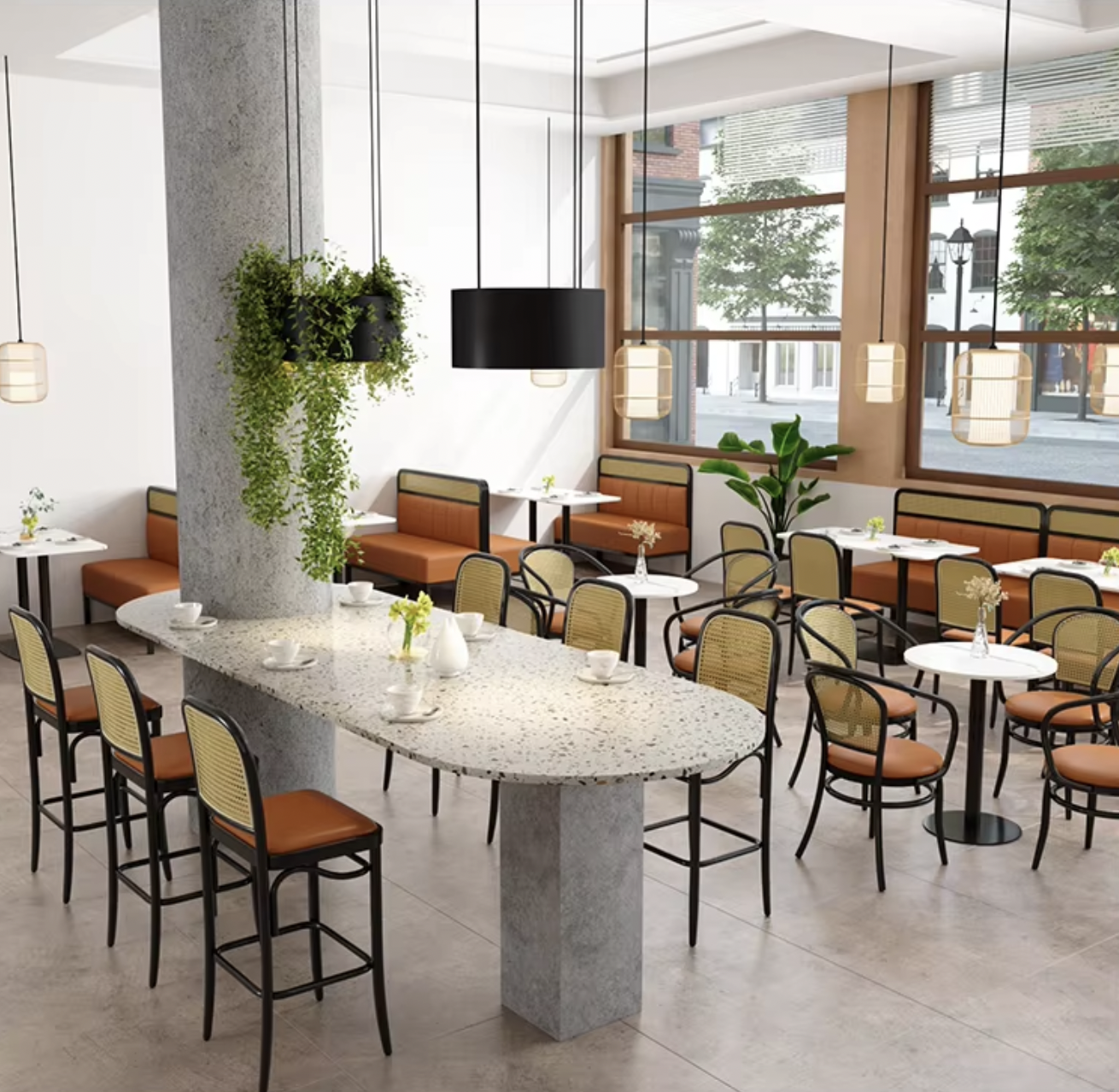 Custom furniture sets for restaurants and cafes with ergonomic seating, durable materials, and stylish design