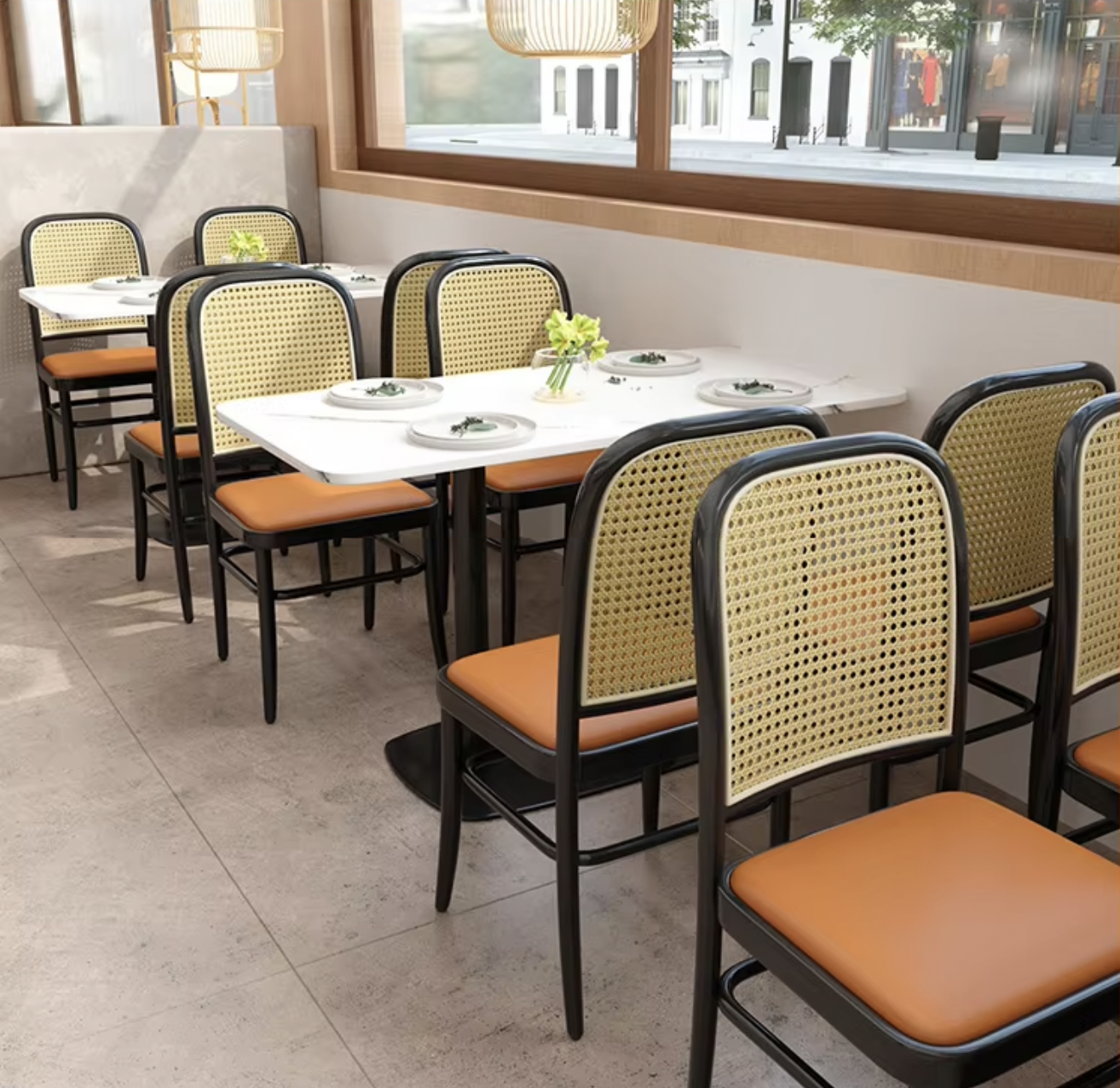 Custom-made restaurant furniture with durable materials, ergonomic seating, and stylish design