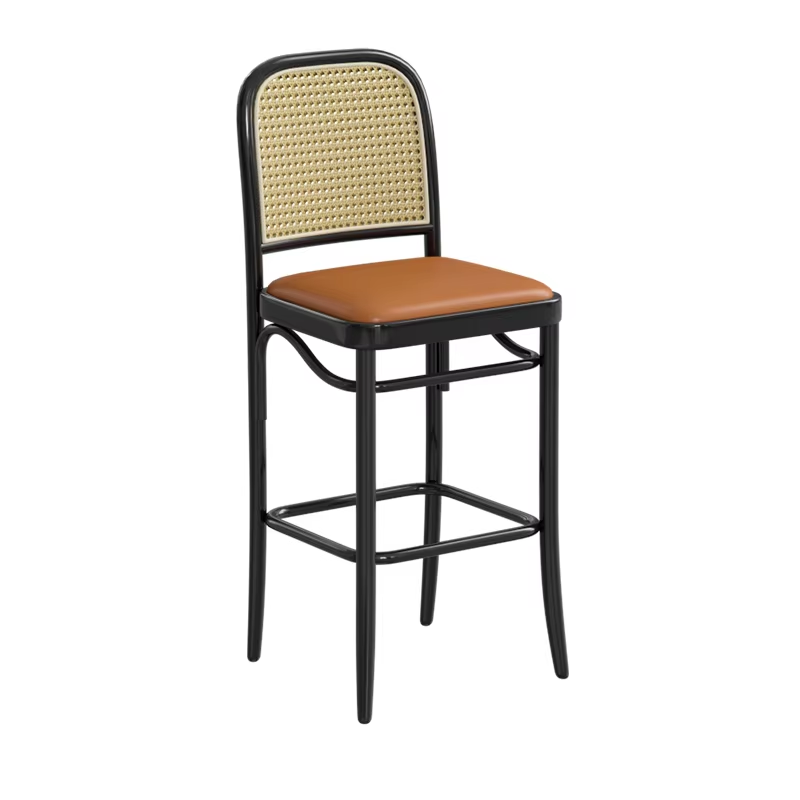 Customizable bar stools with rattan backrests, sleek metal frames, and comfortable seat cushions, perfect for modern bars, cafes, and kitchen islands