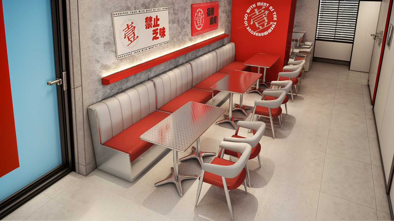 Long dining booth in red and white with steel dining tables and modern chairs.