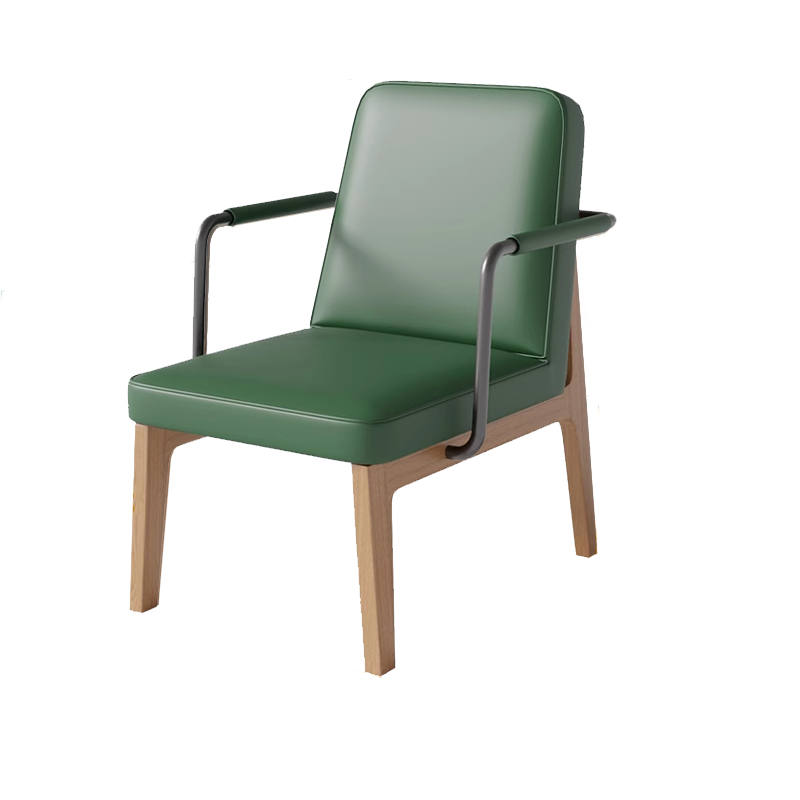 Green leather chair with wooden legs and armrests, modern design for contemporary settings.