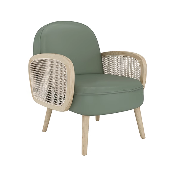 Green leather lounge chair with a wooden frame and woven cane sides, mid-century modern design.