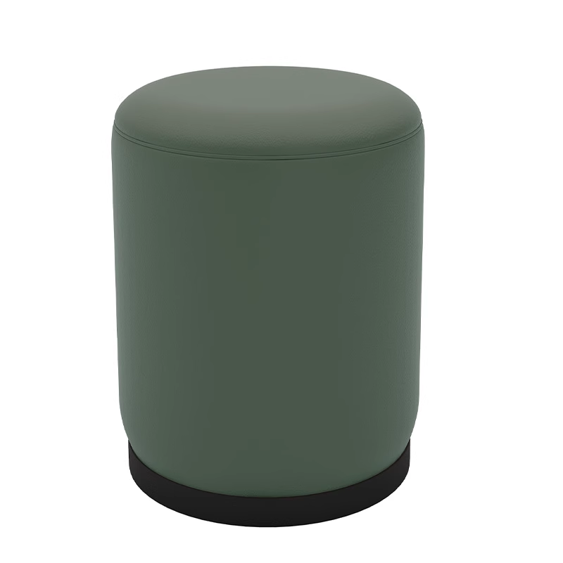 Green upholstered stool with black base, cylindrical design, modern furniture