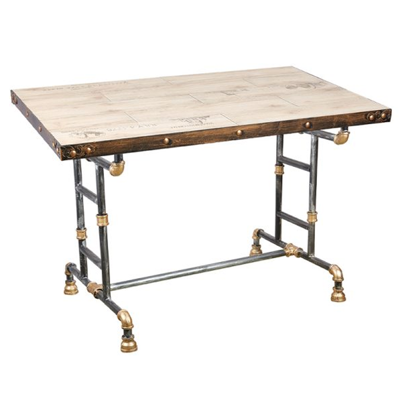 Industrial retro dining table with a wooden top and pipe legs, measuring 120x60 cm. Features brass-colored details on the legs, adding a vintage steampunk touch to the design.