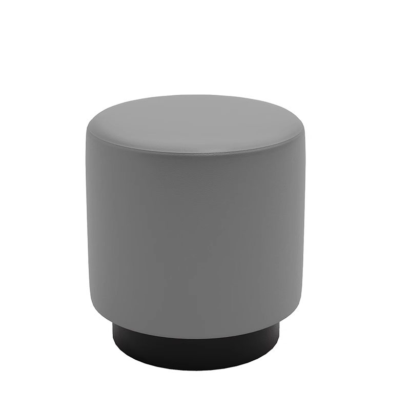 Grey leather upholstered round stool with black base, soft seating.