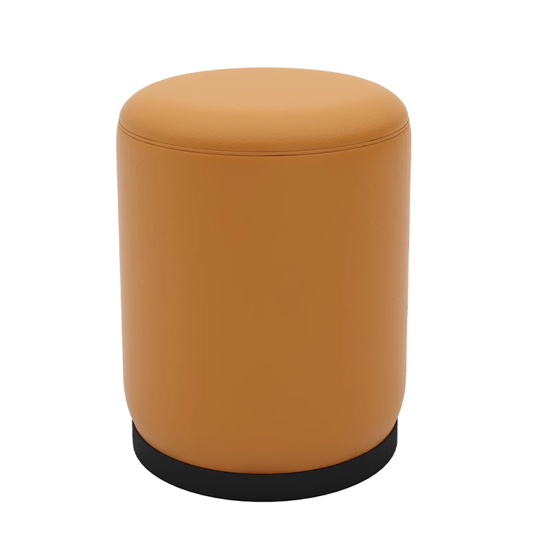 Orange leather upholstered round stool with black base, compact and trendy.