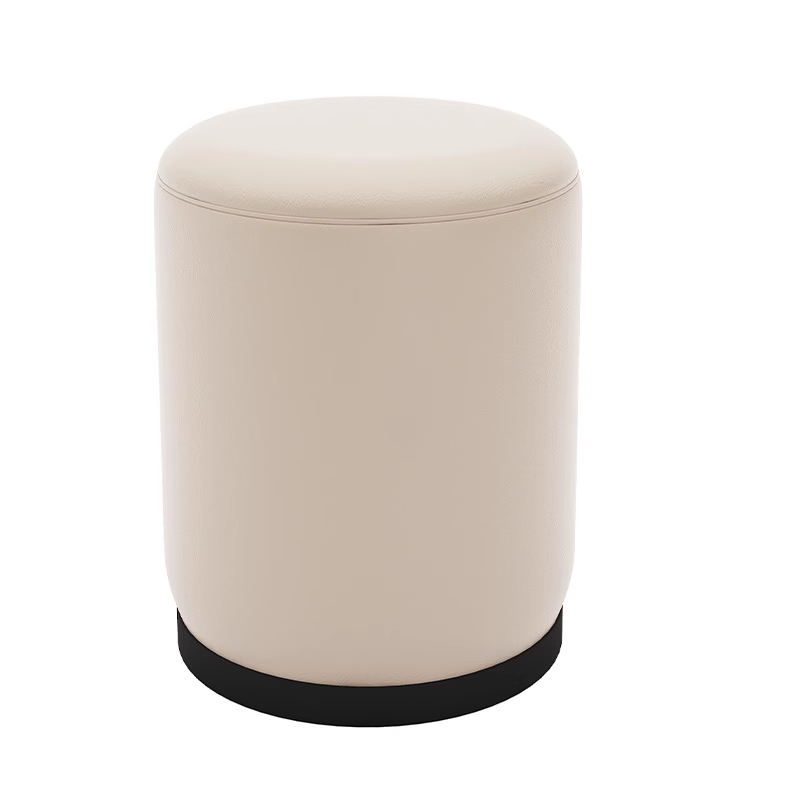 Minimalist beige leather stool with a sleek cylindrical design, featuring a black base for added stability and elegance.