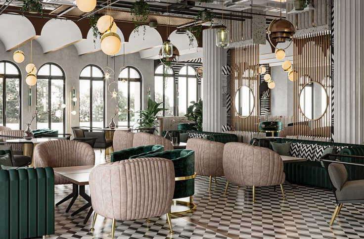 A chic and sophisticated restaurant dining area with wooden tables and rattan-backed chairs arranged neatly on a geometric black-and-white tiled floor.