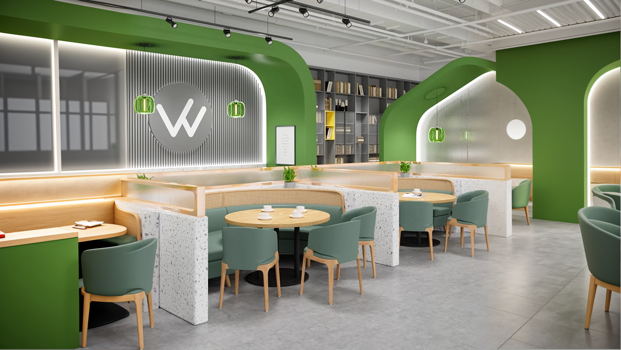 Stylish modern restaurant interior with green walls, white booths, wooden tables, and green upholstered chairs in a comfortable seating area.