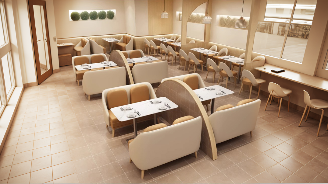 Modern restaurant interior with booth seating in light neutral tones, wooden tables, and soft lighting.