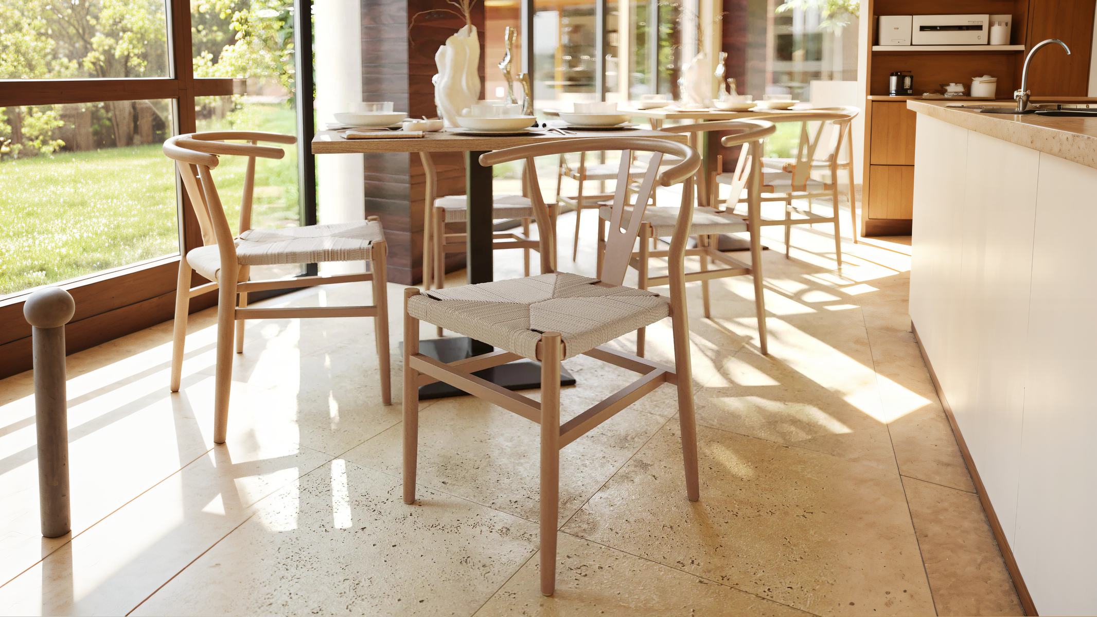 Wooden dining chairs with rattan seats in a bright and airy sunlit interior, with natural flooring and a garden view.