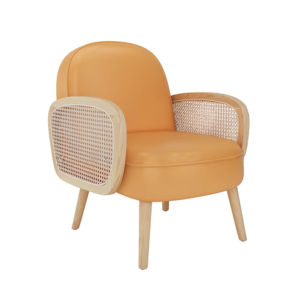 A stylish and comfortable orange leather chair with rattan armrests and light wooden legs. Perfect for modern home or office settings.