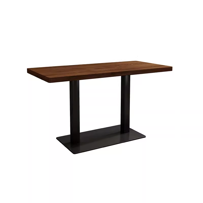 Square wooden dining table featuring a rich wood finish and a sturdy black metal base, ideal for modern dining spaces.