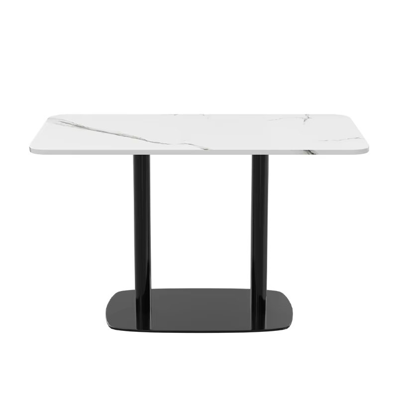 Rectangular marble dining table with a sleek black base, perfect for modern dining spaces, restaurants, and cafes, combining elegance with functionality