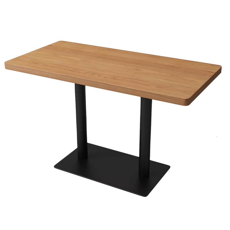 Rectangular dining table with a multilayer wood veneer top and black metal base, suitable for restaurants, cafes, and casual dining rooms.