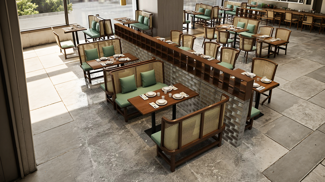 Modern restaurant interior with booth seating featuring green cushions, wooden tables, and an elegant partition wall.