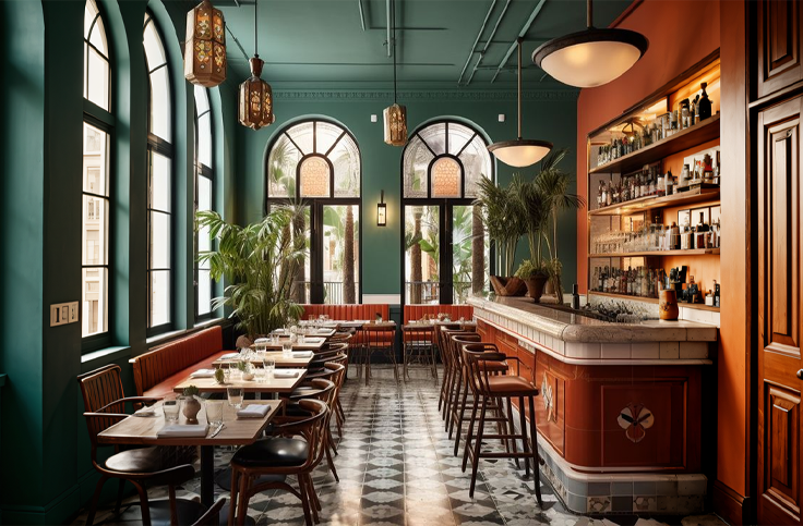 Cozy restaurant interior with a tropical vibe, featuring vibrant teal and orange walls, a marble bar counter, and stylish wooden chairs with a checkered floor design, complemented by hanging lights and lush plants.