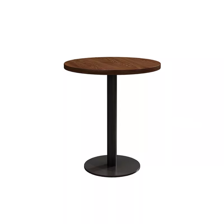 Round dining table featuring a polished wood top and a robust black metal base, ideal for small dining spaces and cafes.